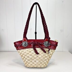 Brighton Candice Straw Shoulder Bag Red Braided Leather Raffia Western Heart